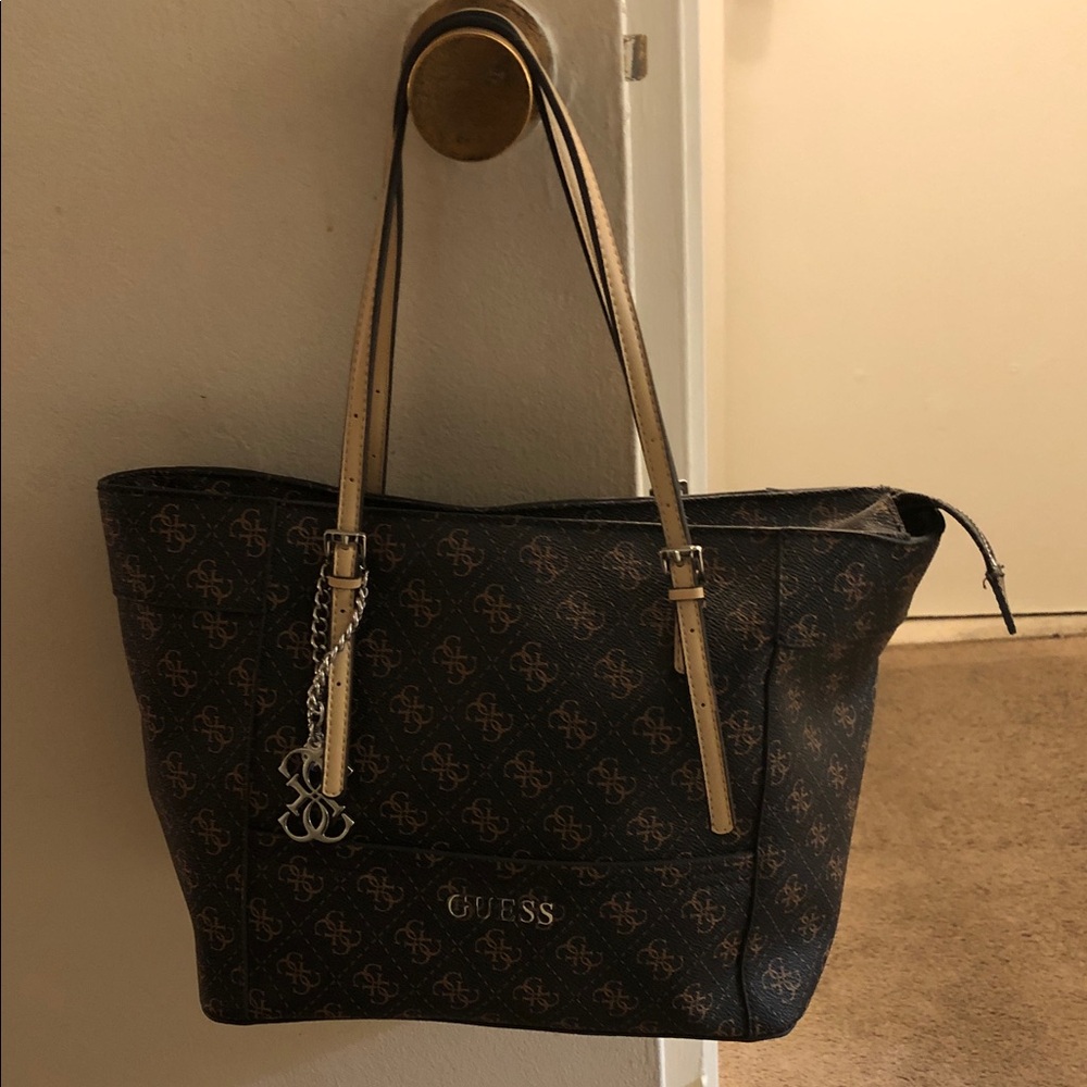 GUESS Brown Monogram Tote with Cream Straps